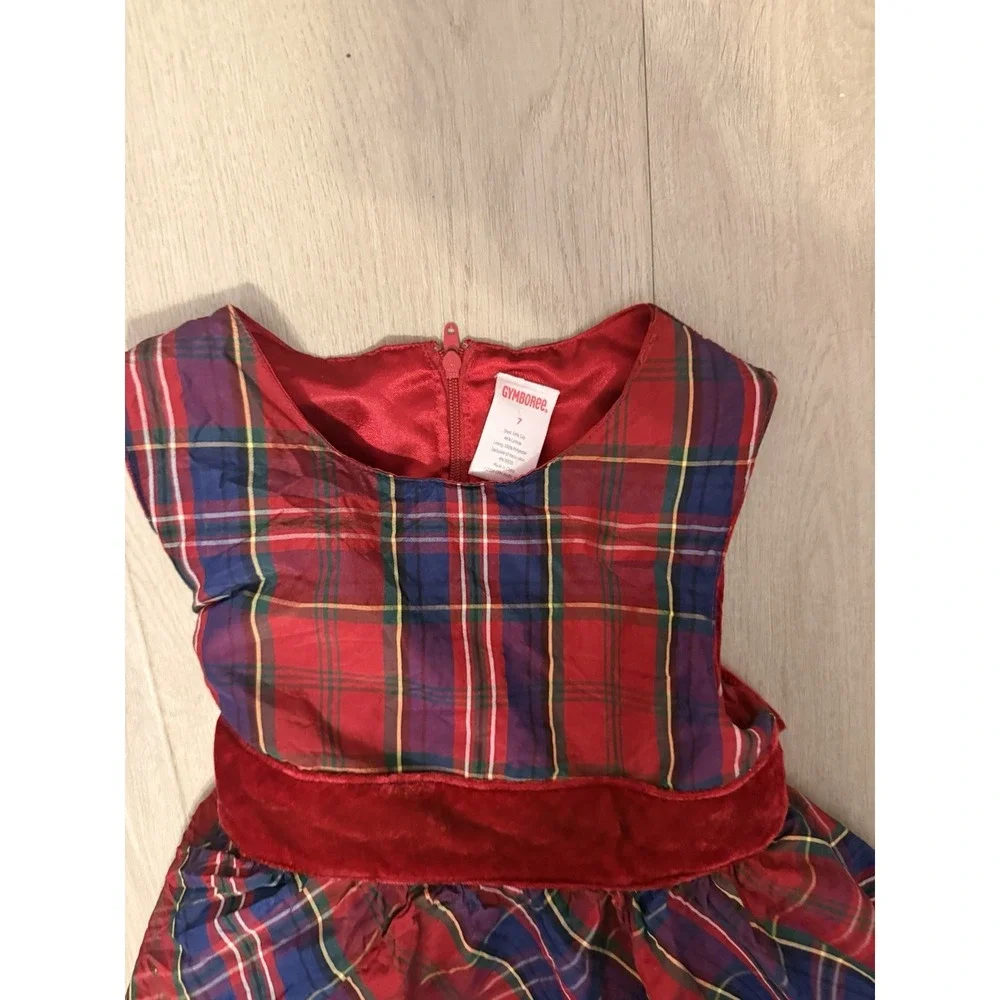 GYMBOREE Girls Size 7 Red Blue Yellow Green Plaid Fancy Party Dress Silk Cotton